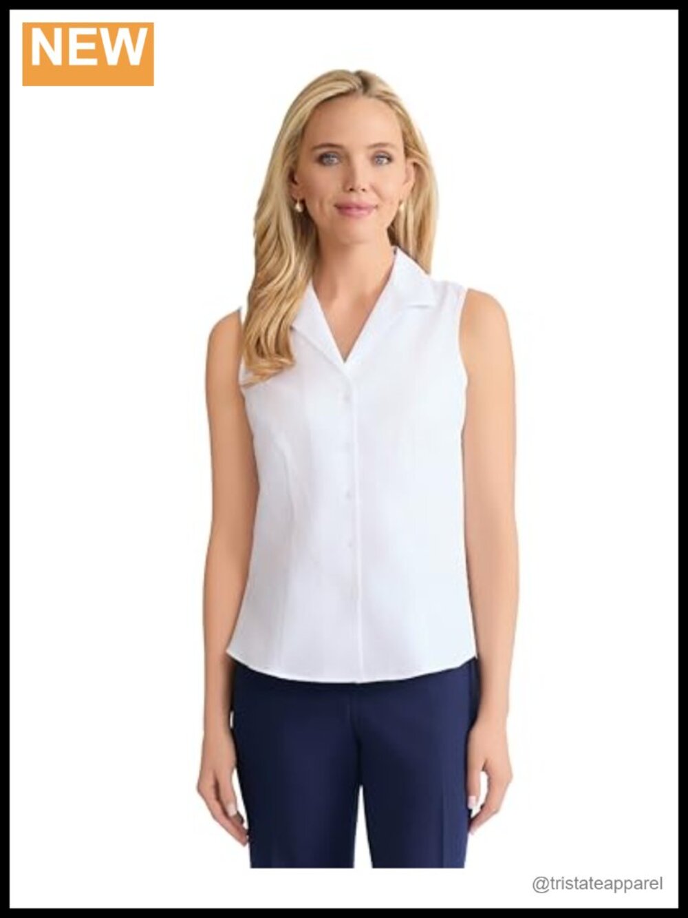 Sleeveless Easy Care Button Down Shirt Classic Fit Collared Neck Rayon Spandex